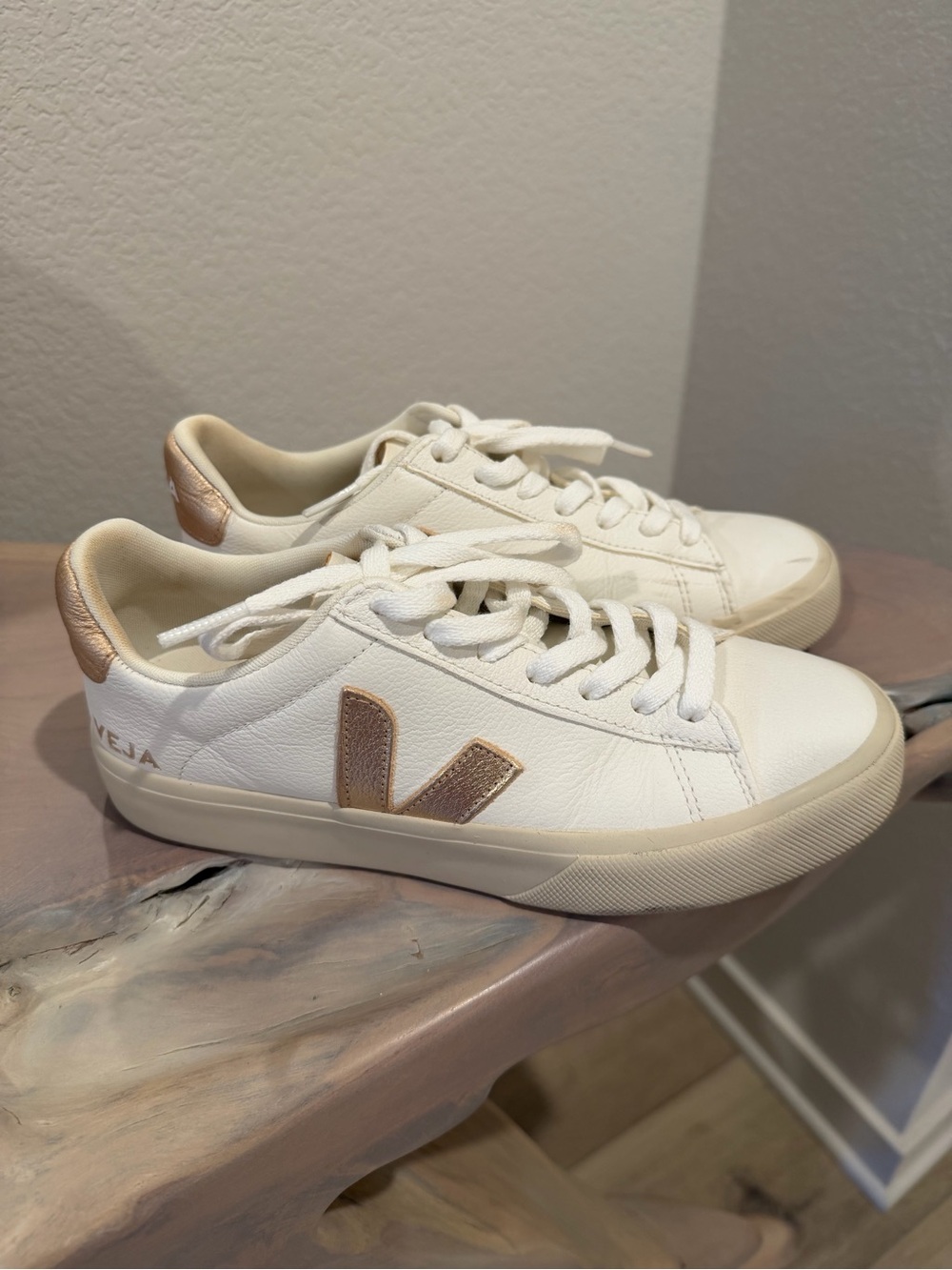 Veja Women's White Leather Sneakers with Rose Gold V Accent